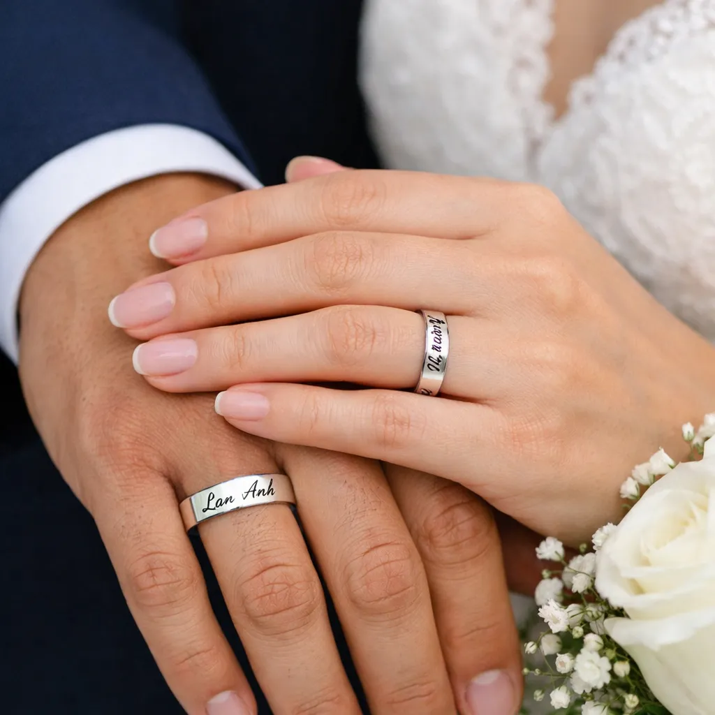 cặp đôi đeo nhẫn cưới khắc tên